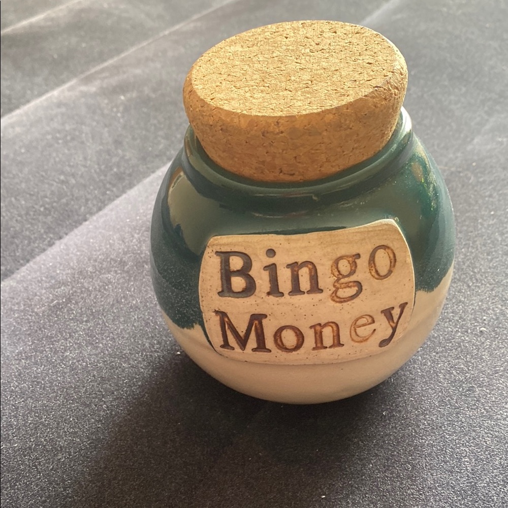 Teal and White tumbleweed pottery Bingo Money Jar